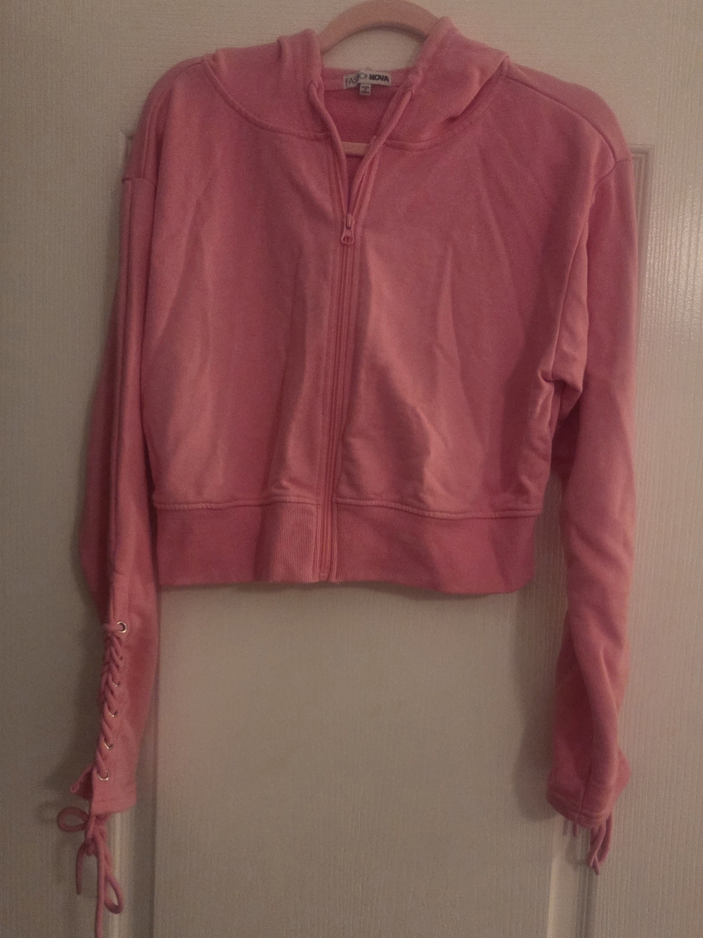 Fashion Nova Pink Cropped Zip Hoodie with Lace-Up Cuffs